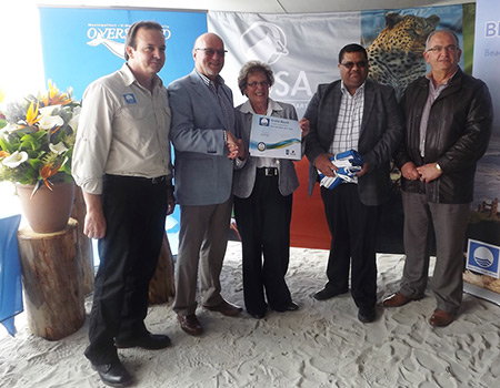 Pictured at the 2015 National Blue Flag Launch ceremony on Tuesday, 6 October were (from left to right) Dr Thommie Burger (CEO of WESSA); the Honourable Derek Hanekom (Minister of Tourism);  Ald. Nicolette Botha-Guthrie (Executive Mayor Overstrand Municipality); Roderick Williams (Director of Community Services Overstrand Municipality) and Coenie Groenewald (Municipal Manager Overstrand Municipality)