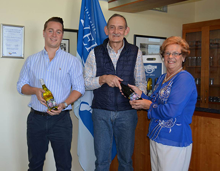 Proudly displaying the limited edition FynArts Wine especially labelled to raise funds for the Hermanus FynArts Development Fund, are Overstrand Executive Mayor Nicolette Botha-Guthrie (right), along with Paul du Toit (centre) owner of Wine Village Hermanus and Adam Streeter (left) Operations Director of Benguela Cove.