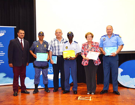 Pictured at the official handover of the Operational Grid Plans at the Festive Season Operational Launch are (from left to right) Director of Protection Services, Neville Michaels; SAPS representative, Lieutenant Poni; Municipal Manager, Coenie Groenewald; SAPS representative, Warrant Officer Spandiel; Executive Mayor, Nicolette Botha-Guthrie and Chief of Traffic/Licenses, Rudi Fraser) 